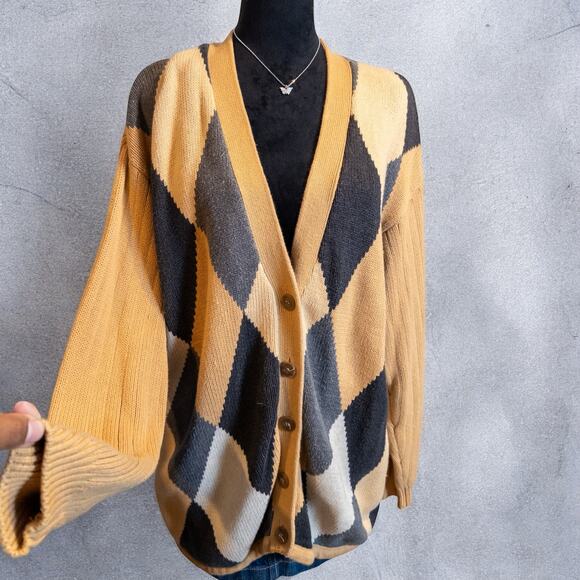Vintage 90s Lizsport Tan Gray Argyle Knit Cotton Cardigan Sweater Large - Picture 3 of 9